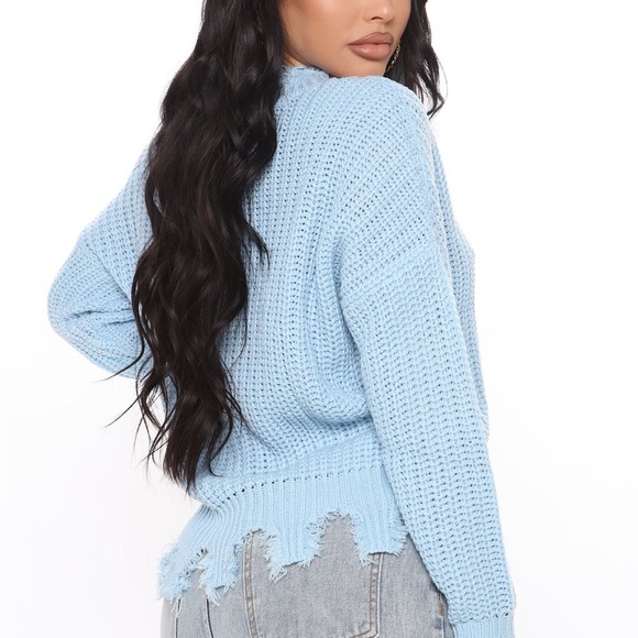 Fashion Nova Light Blue Distressed V-Neck Sweater | Size XS - Picture 5 of 5